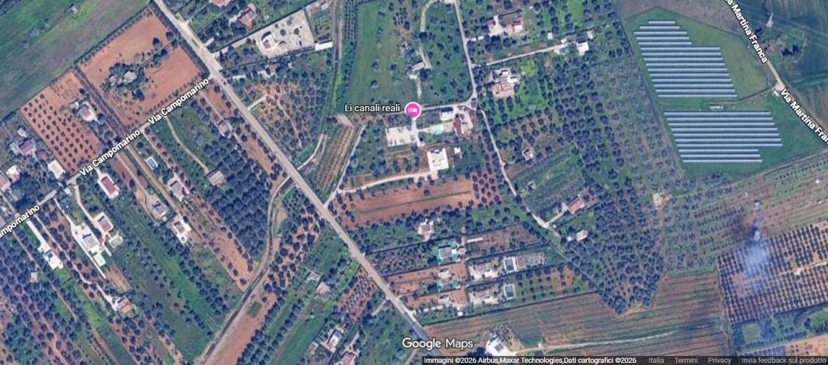 Vista satellitare della zona di Contrada Orfani, a Mesagne, con la posizione di Li Canali Reali